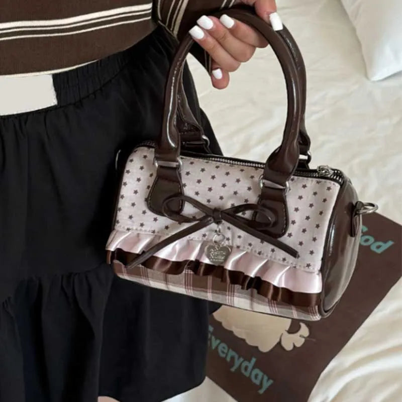 Retro Sweetheart Polka Dot & Plaid Hangbag Exquisite Wallet With Bow Lace Trim, Small Pillow Bags Brown Kawaii Shoulder Bag