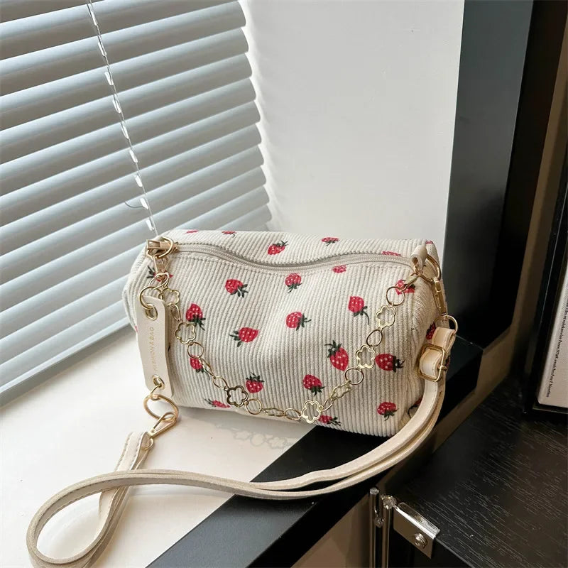 New Corduroy Small Fresh Strawberry Crossbody Bag Chain Fashion Niche Pillow Bag Casual Versatile Commuter Underarm Bag