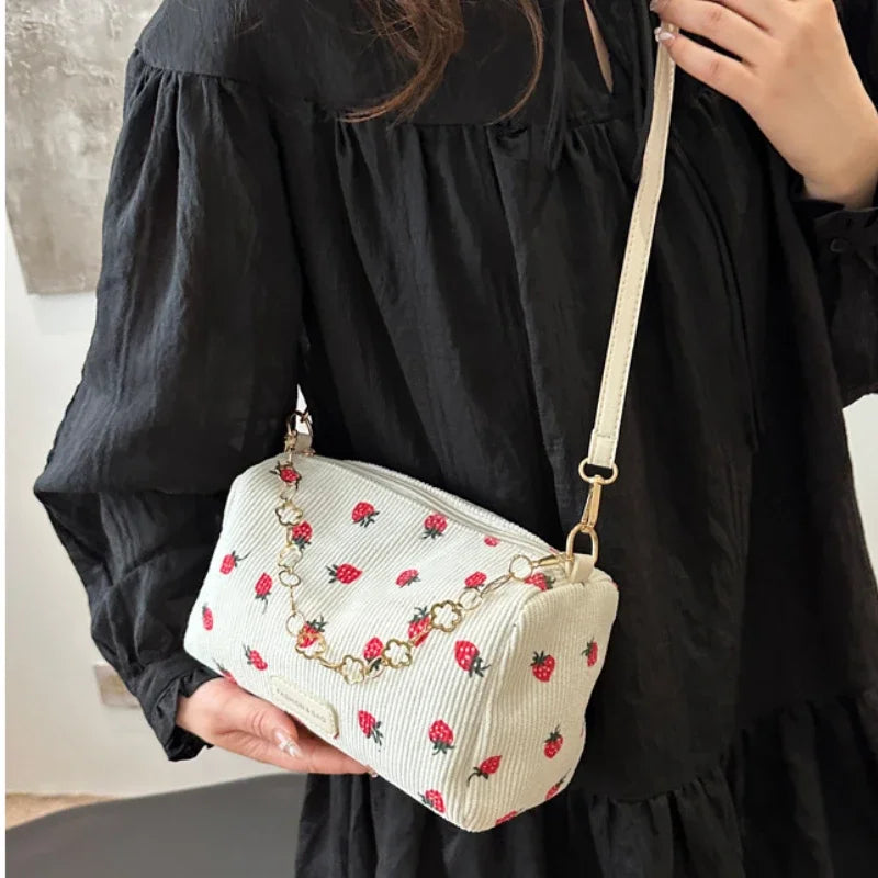New Corduroy Small Fresh Strawberry Crossbody Bag Chain Fashion Niche Pillow Bag Casual Versatile Commuter Underarm Bag